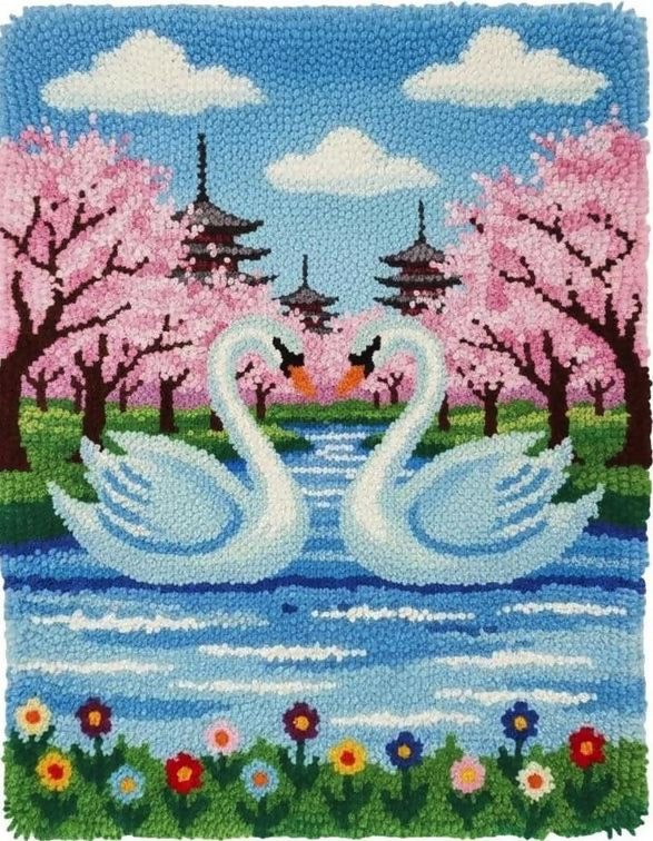 Rug Making Latch Hooking Kit | Cherry Blossom Swans-60x40cm-Blank Canvas on Lucasgift