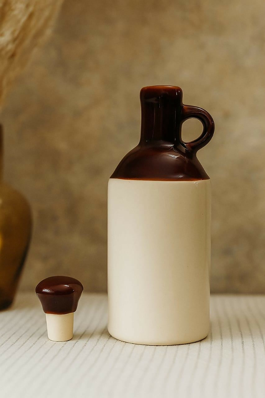 Indian Handcrafted Ceramic Oil Dispenser – Brown & Cream Vintage Jug Style- on Lucasgift