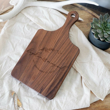 Personalized Cutting Board: Custom Wedding, Engagement, Bridal Shower, Housewarming Gift & Christmas Gift | Engraved Charcuterie Board-Handle-5.5x11.0 inches-Walnut on Lucasgift