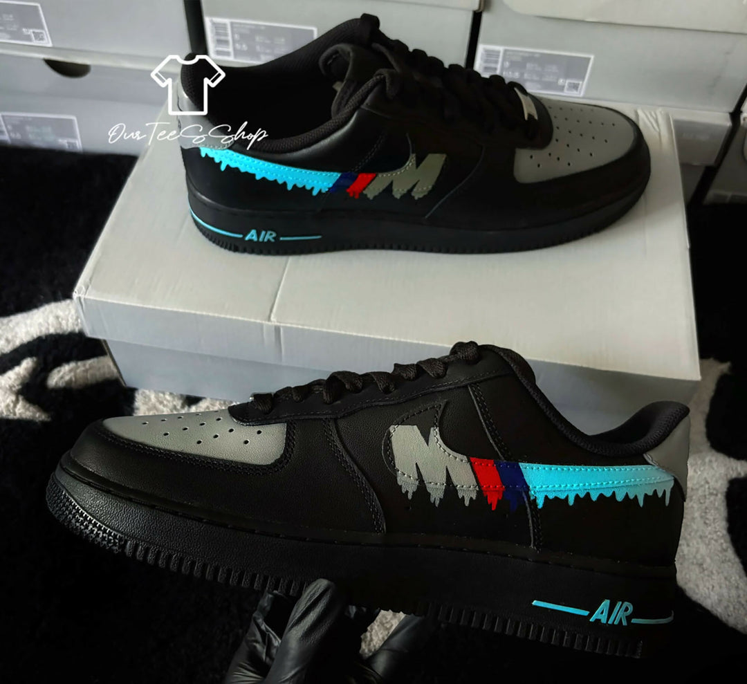 Custom BMW Black Drip AF1 Sneakers, Hand Painted Personalized Shoes