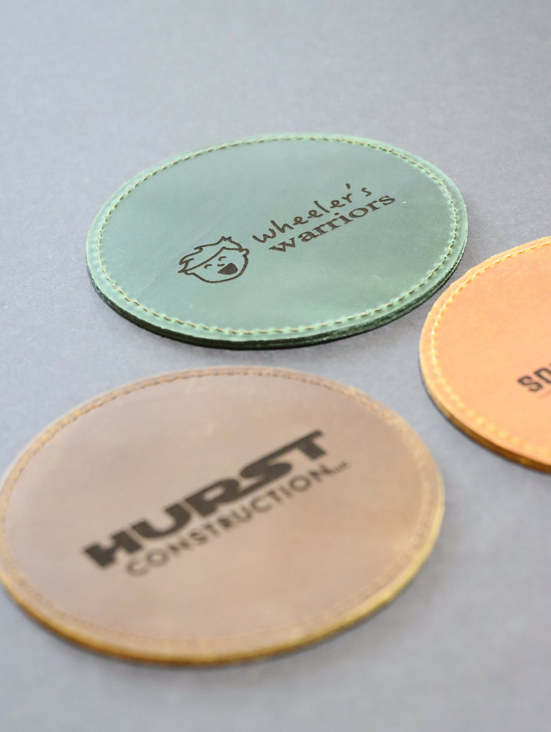 Set of 100 Personalized Full Grain Distressed Leather Coasters, Handmade Texas, Custom Engraved (4" Diameter)