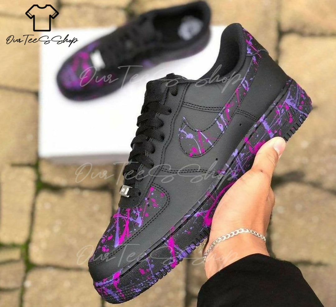 Custom Purple Splatter Black AF1 Sneakers, Hand Painted Personalized Shoes