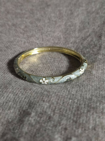 Artisan Sage Grey Floral Enamel Bracelet | Delicate Peking Cloisonné Bangle- on Lucasgift
