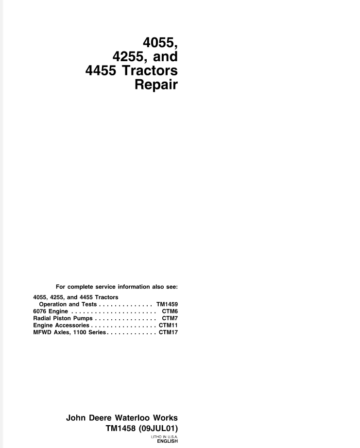 John Deere 4055 4255 4455 Tractors Technical Repair Test Manual TM1458- on Lucasgift