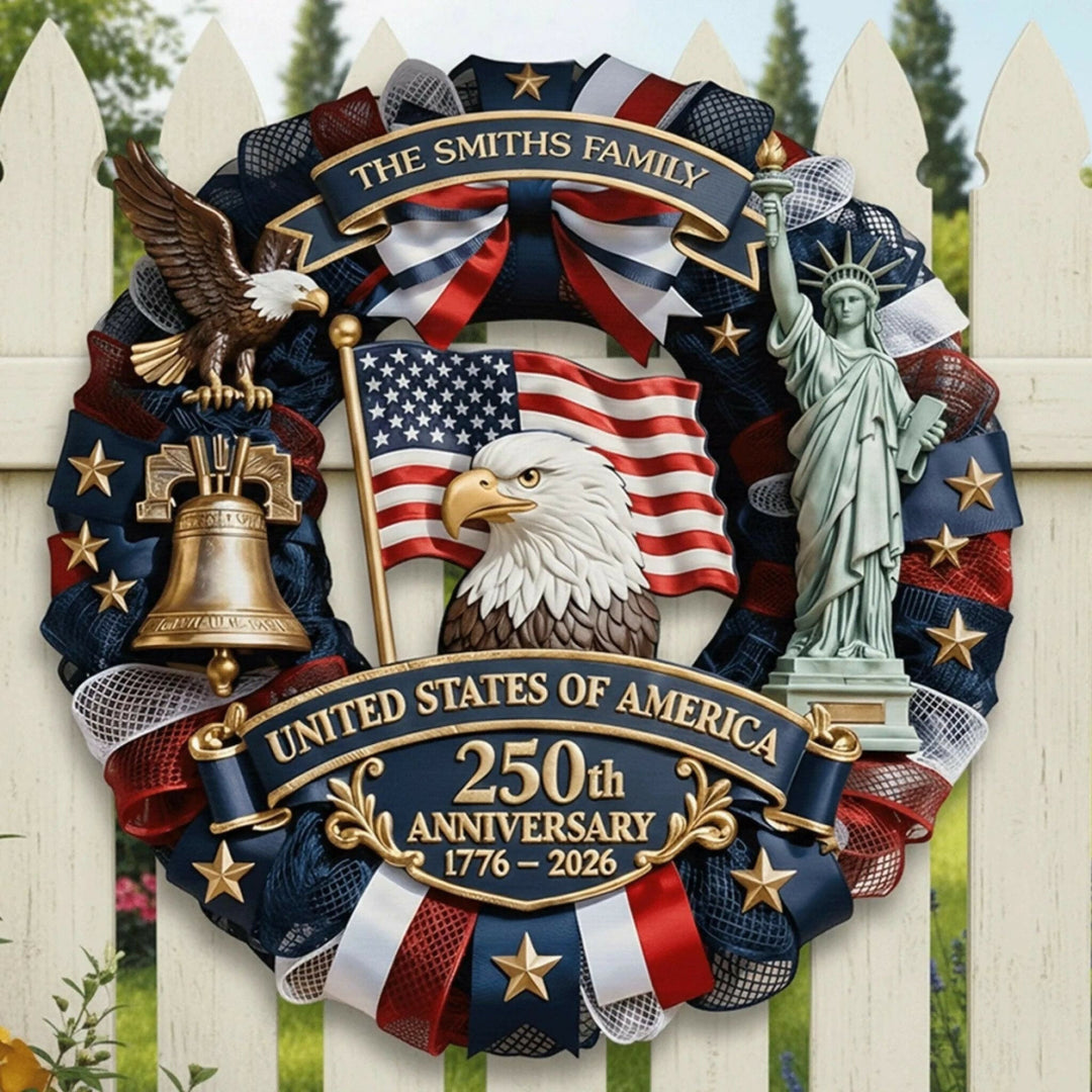 Personalized America 250th Anniversary Wood Wreath 1776-2026 Patriotic Door Sign Semiquincentennial Family Name Decor- on Lucasgift