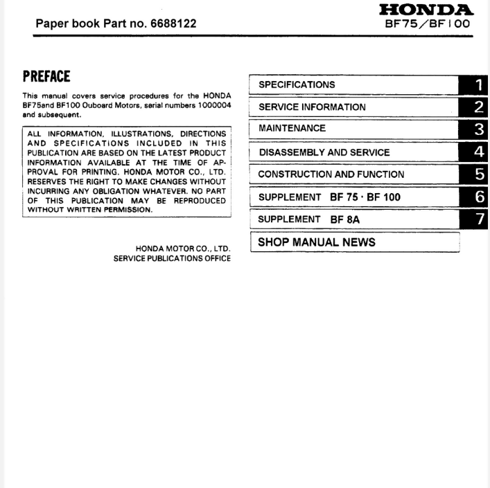 Honda BF75-BF100 BF8A Outboard service workshop and repair Manual- on Lucasgift