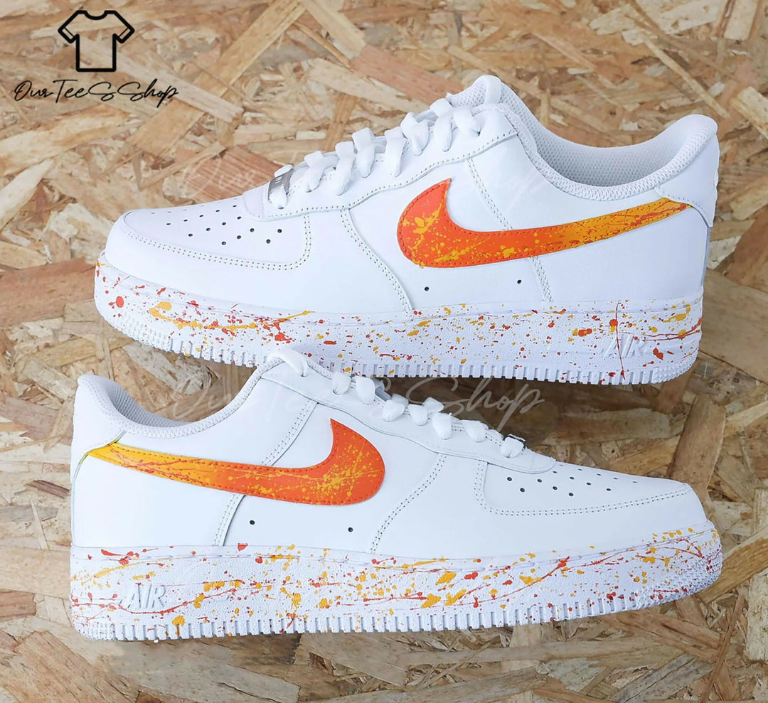 Custom Orange Splatter AF1 Sneakers, Hand Painted Personalized Shoes