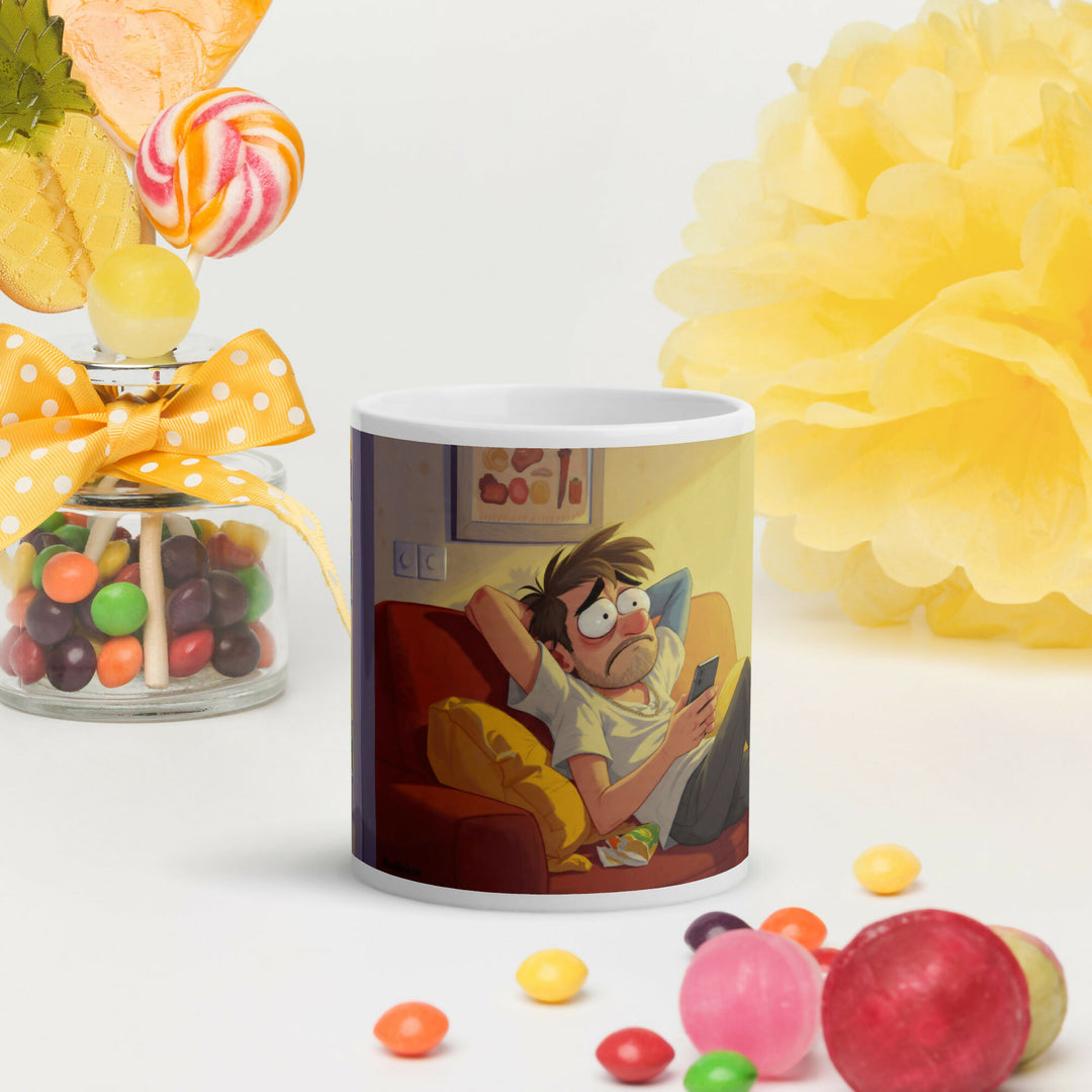 Between Scrolls and Snacks – Cozy Humor Mug- on Lucasgift
