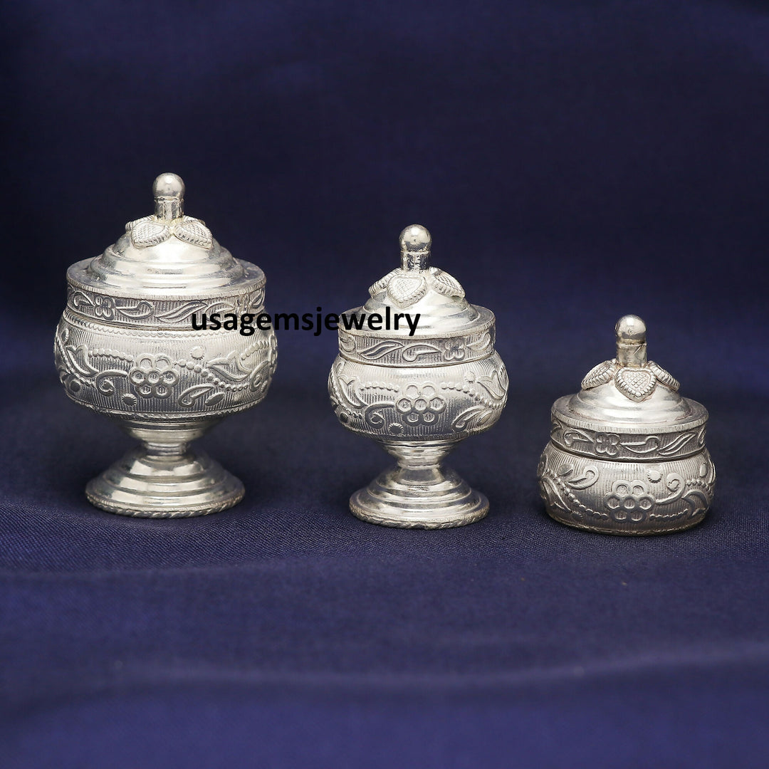 Handcrafted Silver Sindoor Box 14.5g Floral Engraved Kumkum Container with Dome Lid (3.5 cm x 2.7cm) BJ1011- on Lucasgift