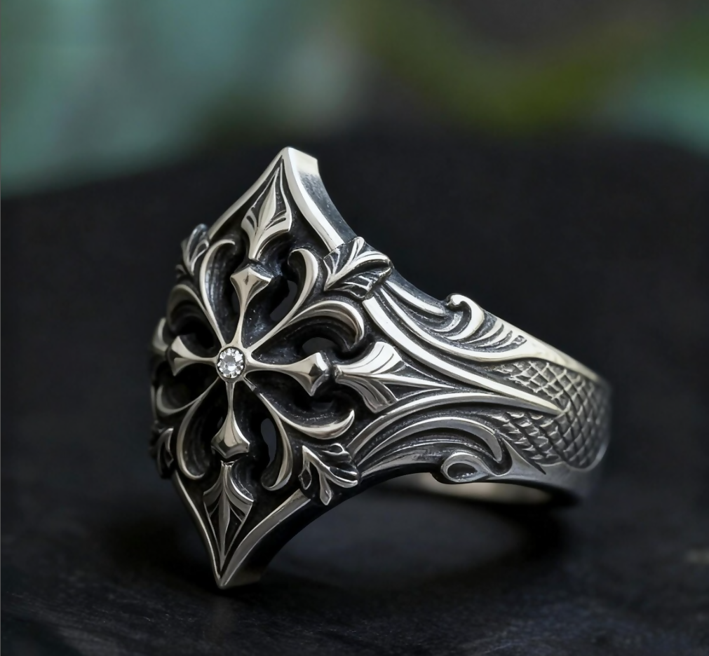 Paladin Armor Ring, Handmade Sterling Silver Gothic Fleur-de-lis, Fantasy Cathedral Statement Piece, Magic Mystic Jewelry, Grace Knight Gift- on Lucasgift