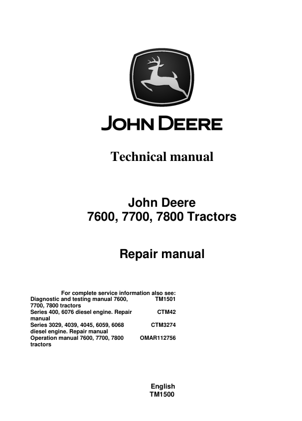 JOHN DEERE 7600 7700 7800 TRACTOR SERVICE REPAIR SHOP ENGINE MANUAL- on Lucasgift