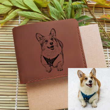 Engraved Photo Wallet. Personalized Picture Brown Leather Сustom Bifold Wallet for Men. Unique Corgi Gifts. Dog Lover Gift- on Lucasgift