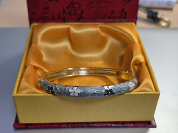 Artisan Sage Grey Floral Enamel Bracelet | Delicate Peking Cloisonné Bangle- on Lucasgift