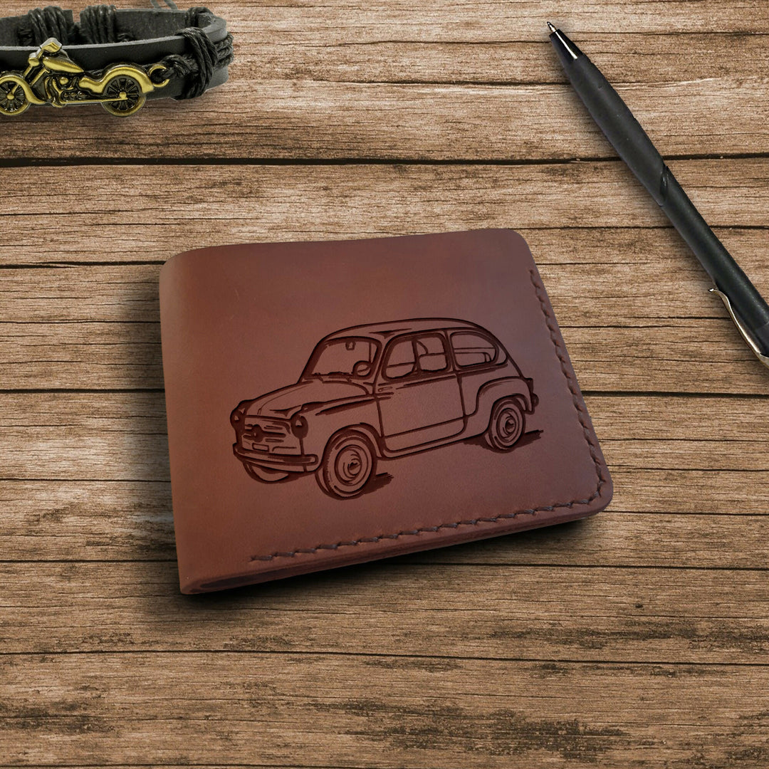 Old Car Gifts. Personalized Leather Wallet. Engraved Wallet. Custom Slim Bifold Minimalist Leather Wallet for Men. Custom Car Lovers Gifts- on Lucasgift