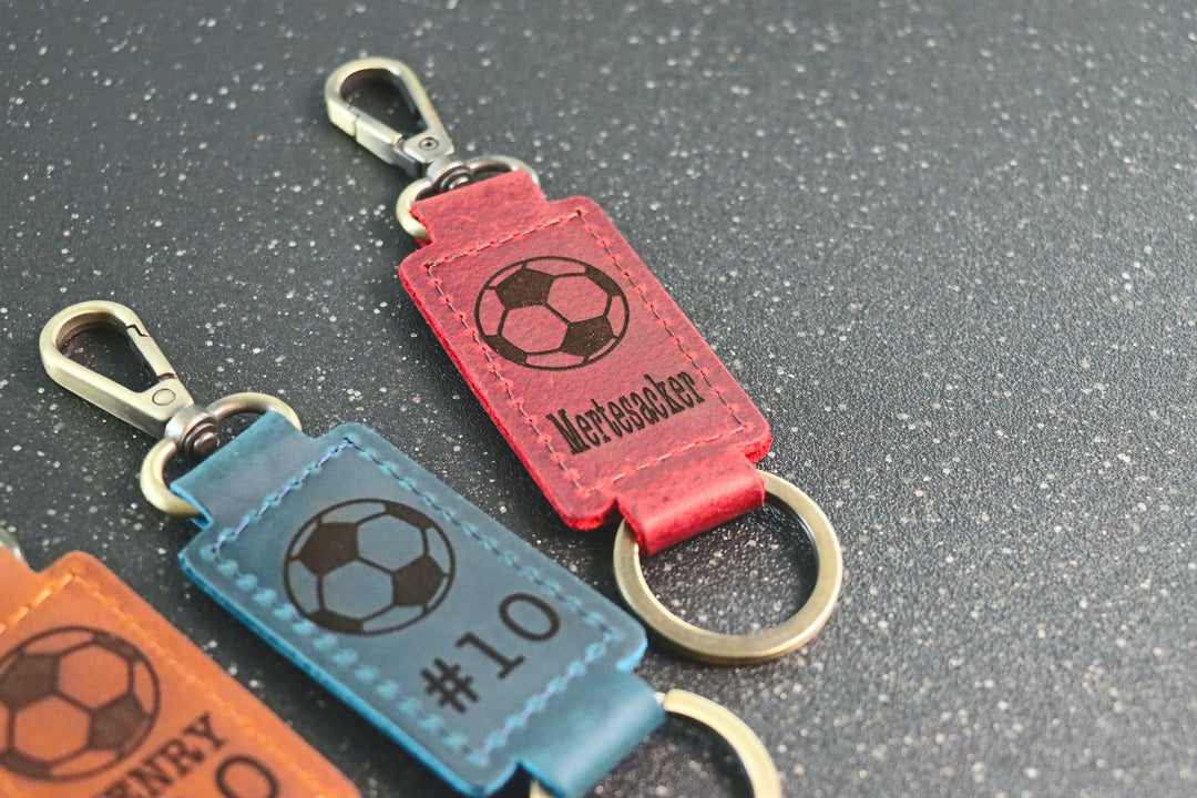 Soccer Ball Keychain, Personalized Sports Keychain, Team Gifts, Player Gifts, Soccer Gift, LEATHER KEYCHAIN- on Lucasgift