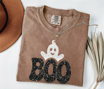 Boo shirt, Glitter boo tee,Halloween comfor colors tee,Glitter boo tee, cute boo tee, boo outfit-Comfort color S-Capucinno on Lucasgift