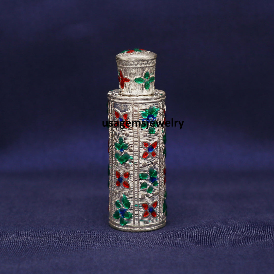 Vintage Silver Sindoor Dibbi with Meenakari Work | Hand-Engraved Kumkum Box | Traditional Bridal Pooja Container | 25.5g Bj1006- on Lucasgift