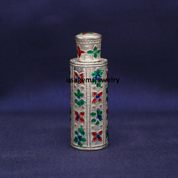 Vintage Silver Sindoor Dibbi with Meenakari Work | Hand-Engraved Kumkum Box | Traditional Bridal Pooja Container | 25.5g Bj1006- on Lucasgift
