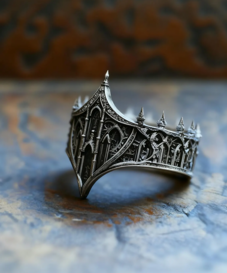 Gothic Kingdom Ring, Handmade S925 Sterling Silver Crown Band, Artisan Architecture Miniature Statement Piece, Fantasy Medieval Jewelry- on Lucasgift