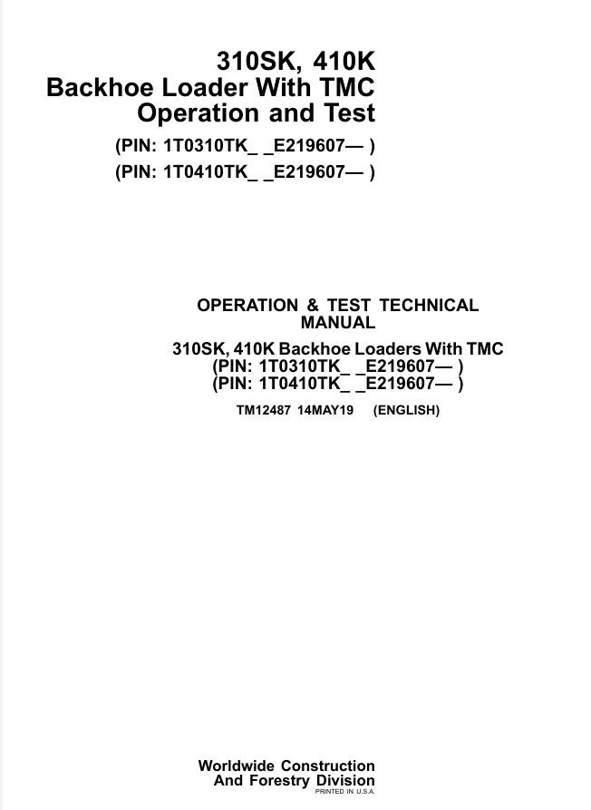 JOHN DEERE 310SK 410K BACKHOE LOADER OPERATION TEST TECHNICAL MANUAL- on Lucasgift