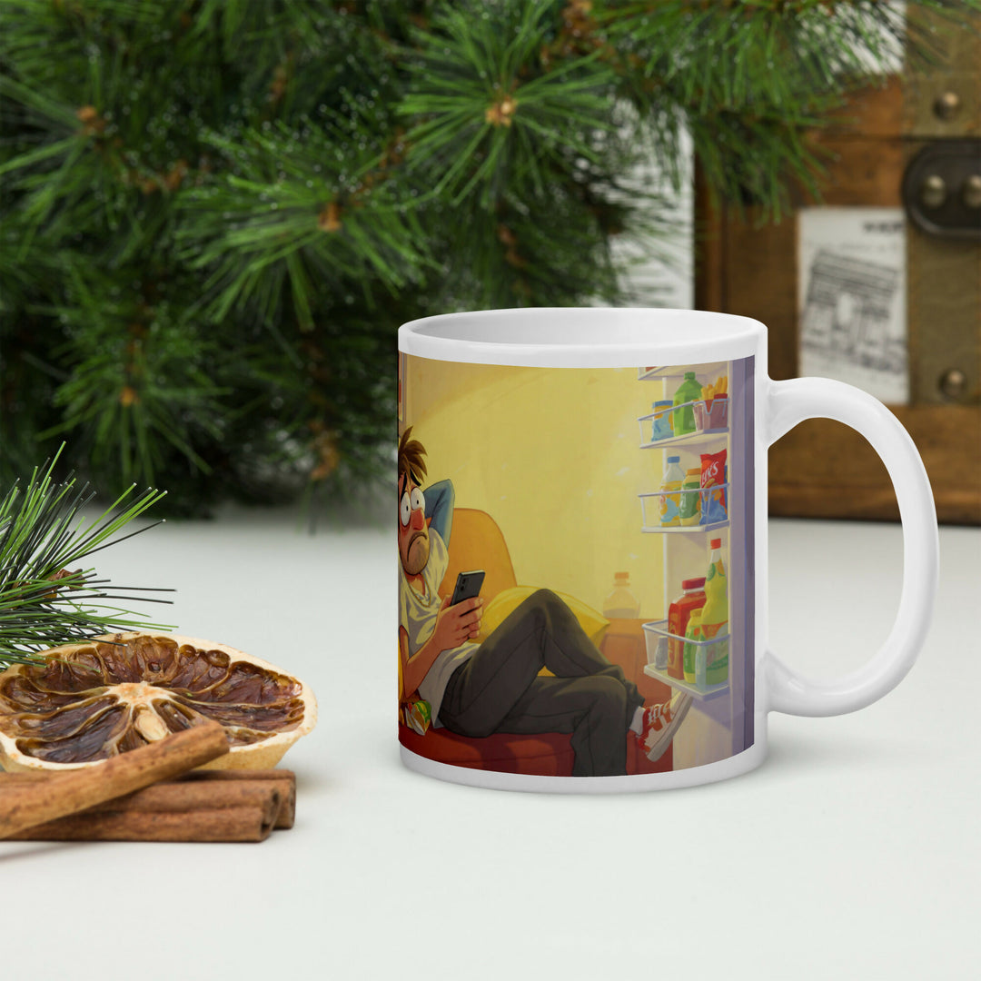 Between Scrolls and Snacks – Cozy Humor Mug- on Lucasgift