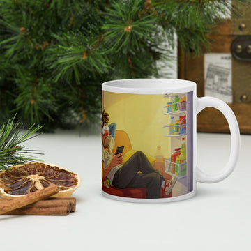 Between Scrolls and Snacks – Cozy Humor Mug- on Lucasgift