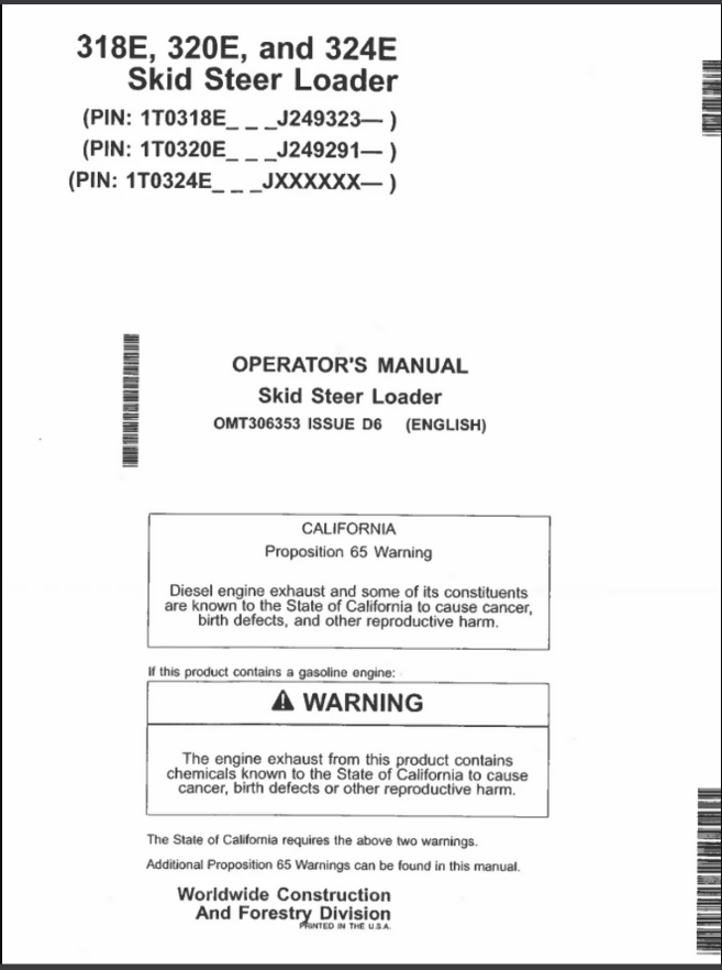JOHN DEERE 318E 320E AND 324E SKID STEER LOADER OPERATORS MANUAL- on Lucasgift