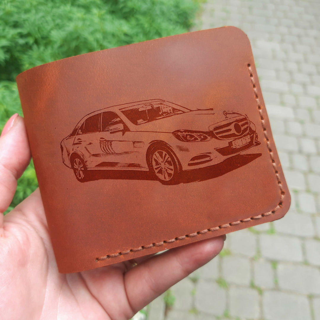 Car Gifts. Personalized Leather Wallet. Engraved Wallet. Custom Slim Bifold Minimalist Leather Wallet for Men. Custom Car Lovers Gifts- on Lucasgift
