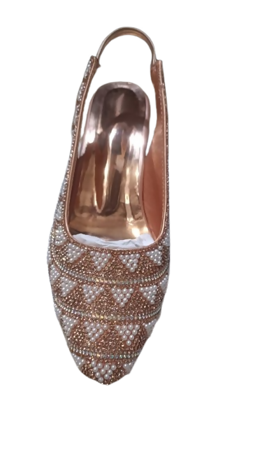 Women's Rose Gold Pearl Embellished Slingback Block Heel Sandals Party Shoes