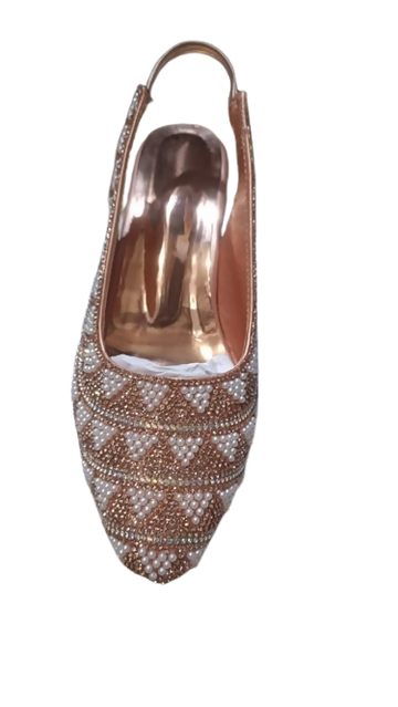 Women's Rose Gold Pearl Embellished Slingback Block Heel Sandals Party Shoes