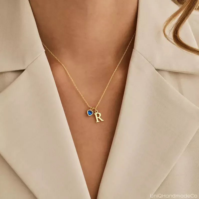 Dainty Initial Necklace with Heart Birthstone, Custom Letter Necklace, Birthstone Jewellery, 18th Birthday Gifts for Her, Mothers Day Gift- on Lucasgift
