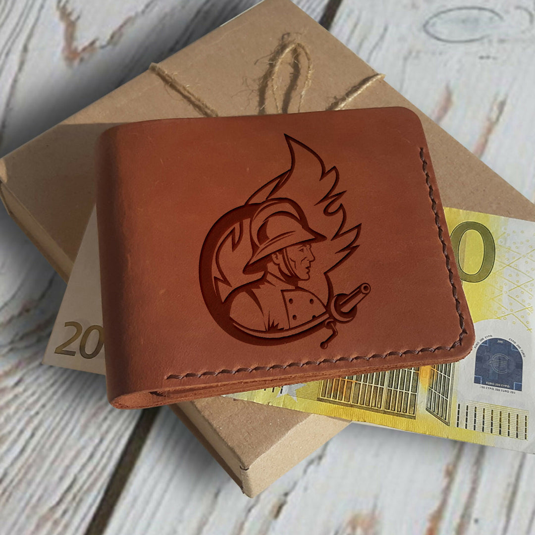 Firefighter Gift Personalized Leather Wallet. Engraved Custom Slim Bifold Wallet. Fireman Gift Fire Fighter Wallet Birthday Gift for Him.- on Lucasgift