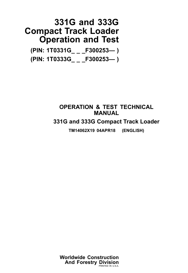 JOHN DEERE 331G 333G SKID STEER LOADER OPERATORS MANUAL- on Lucasgift