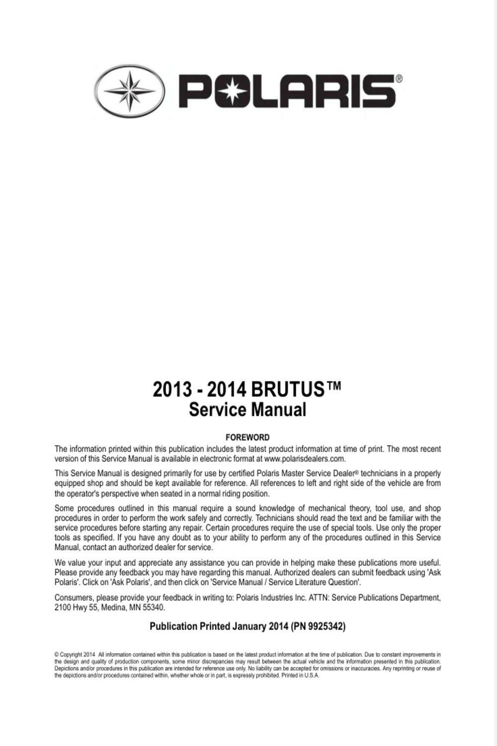 2013–2014 Polaris Brutus Factory Service Repair Manual- on Lucasgift