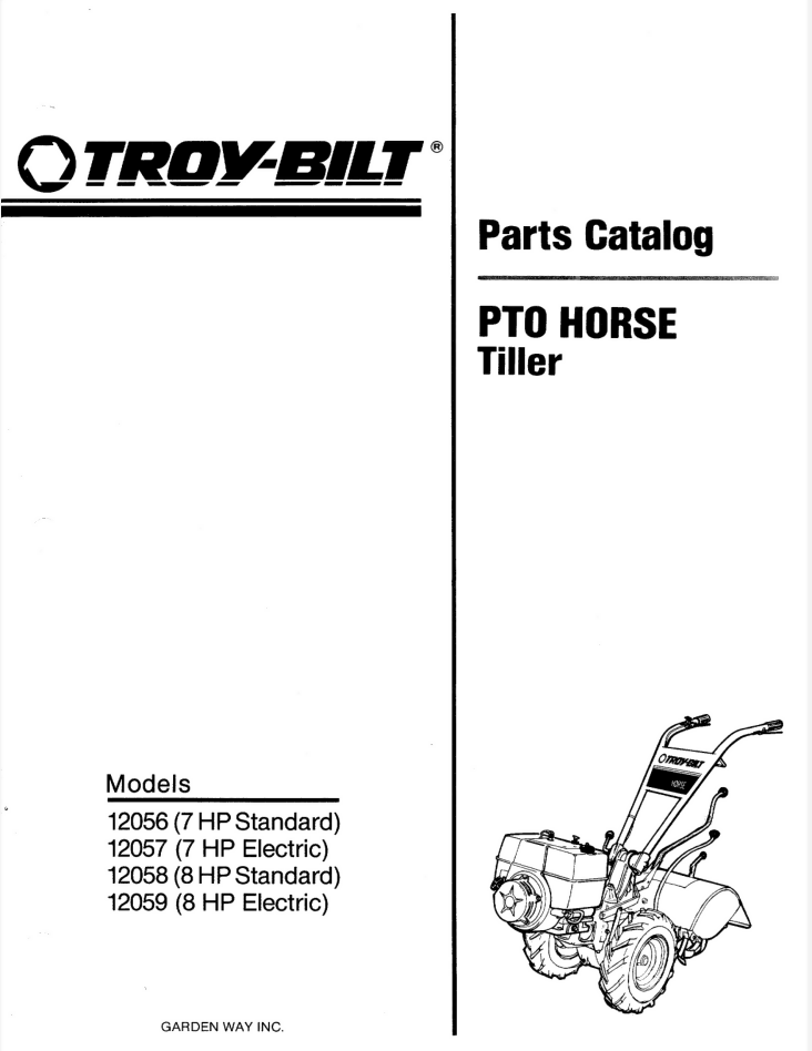 TROY BILT parts catalog PTO Horse Tiller7 HP & 8 HP MODELS 12056-12059- on Lucasgift