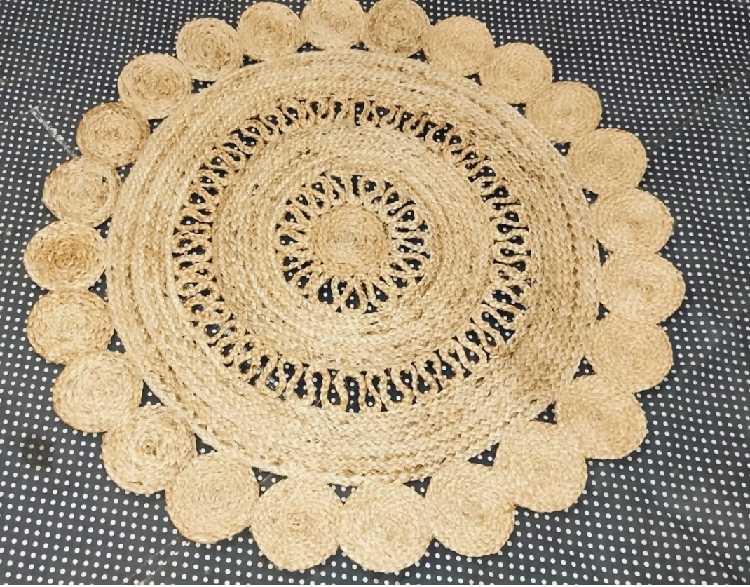 Sonia Artisan Collections | Natural Jute Scalloped Round Rug | Handmade Rustic Boho Decor- on Lucasgift
