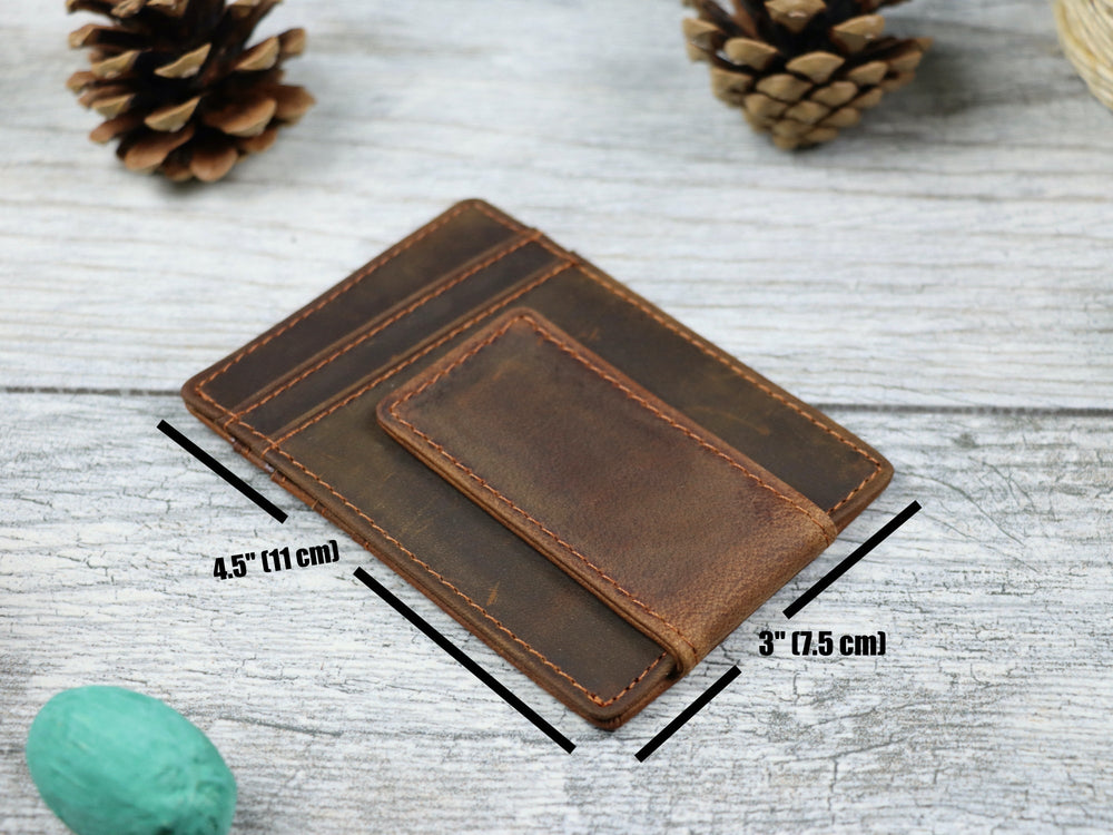 Leather Money Clip Wallet, Magnetic, Brown-Lucasgift