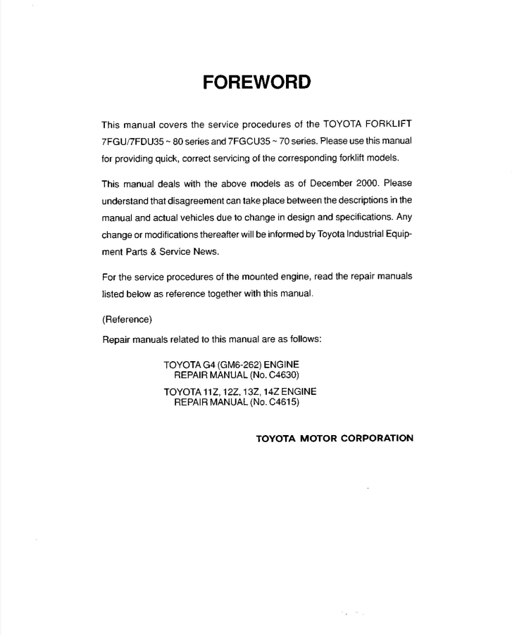 TOYOTA FORKLIFT 7FGU35 SERVICE REPAIR SHOP MANUAL- on Lucasgift