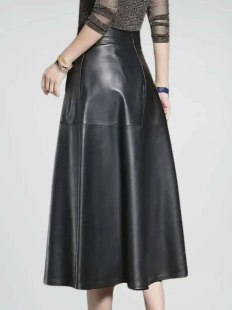 Black Genuine Leather Midi Skirt High Waisted A Line Flare Skirt with Pockets- on Lucasgift