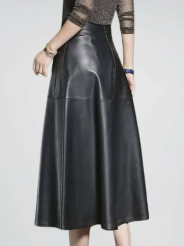 Black Genuine Leather Midi Skirt High Waisted A Line Flare Skirt with Pockets