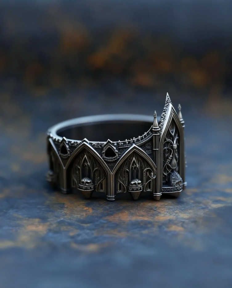 Dark Regal Ring, Handcrafted Sterling Silver Gothic Crown, Medieval Inspired Statement- on Lucasgift