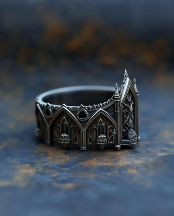 Dark Regal Ring, Handcrafted Sterling Silver Gothic Crown, Medieval Inspired Statement- on Lucasgift