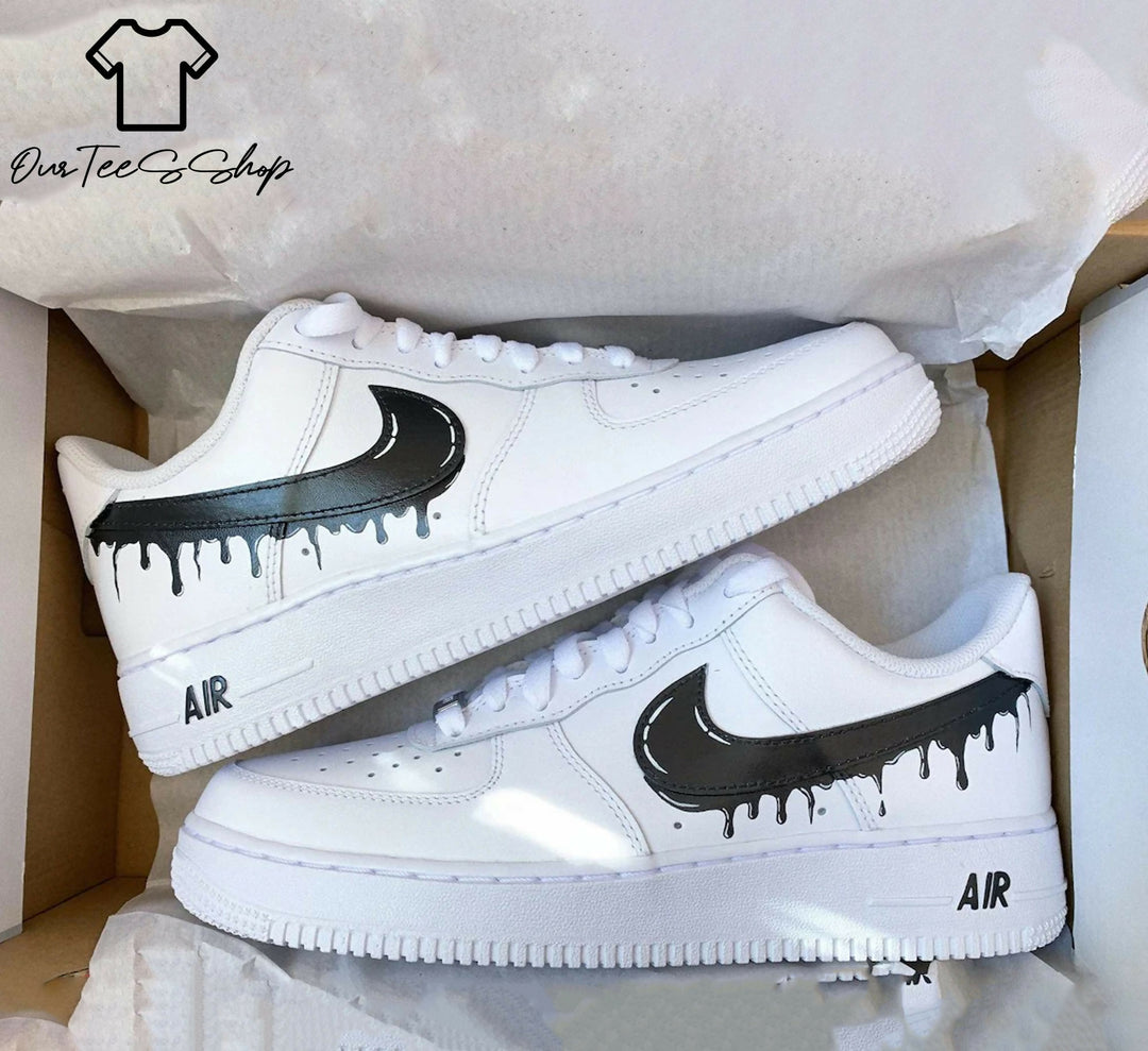 Custom Black Drip AF1 Sneakers, Hand Painted Personalized Shoes
