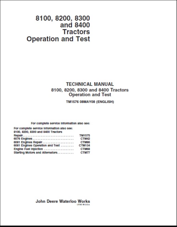 JOHN DEERE 8100 8200 8300 8400 TRACTOR SERVICE TEST MANUAL- on Lucasgift