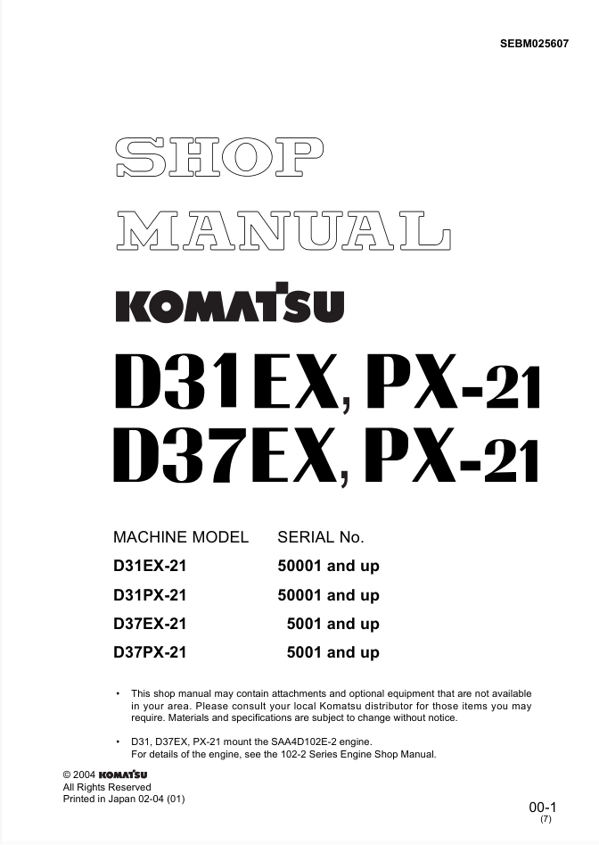 KOMATSU D31PX-21 BULLDOZER SERVICE ENGINE REPAIR MANUAL- on Lucasgift