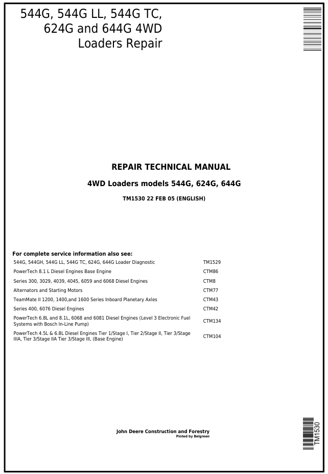 John Deere 544G, 544G LL TC 624G Loader Service Repair Manual- on Lucasgift