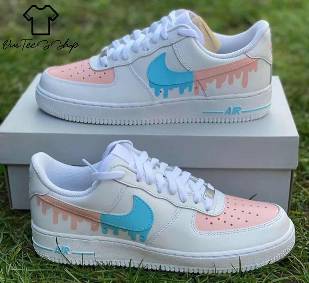 Custom Pink-Blue Drip AF1 Sneakers, Hand Painted Personalized Shoes