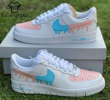 Custom Pink-Blue Drip AF1 Sneakers, Hand Painted Personalized Shoes