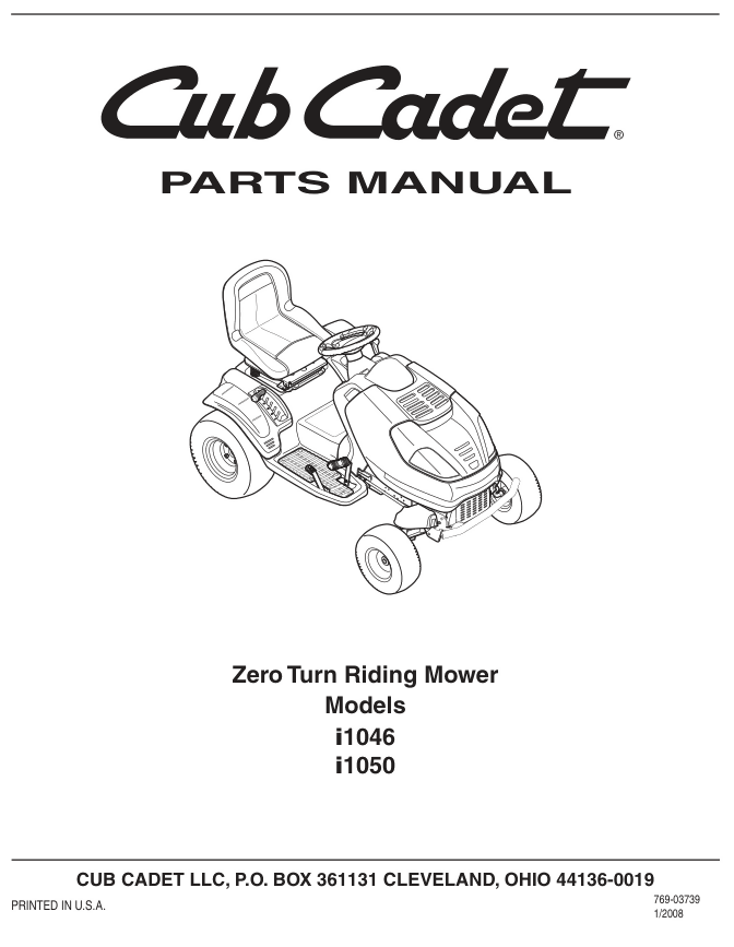 CUB CADET LAWNMOWER i1046 & i1050 Parts Manual- on Lucasgift
