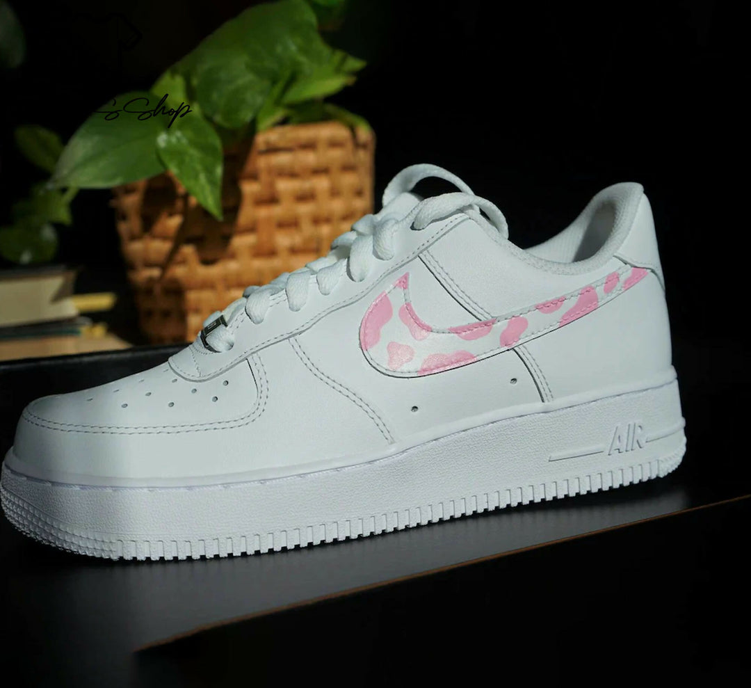 Custom Cow Print Pink AF1 Sneakers, Hand Painted Personalized Shoes